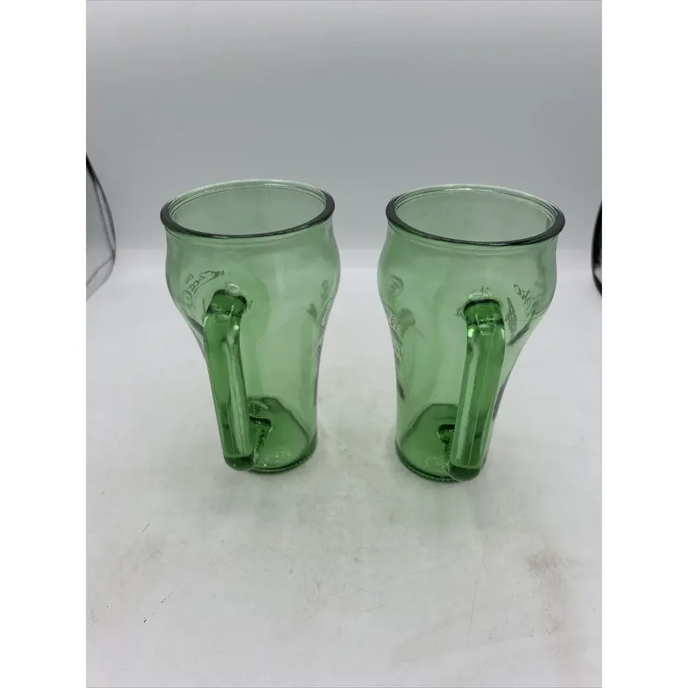 2 Vintage 1980's Coca-Cola Cowboy Whataburger Green Glass Handled Mugs